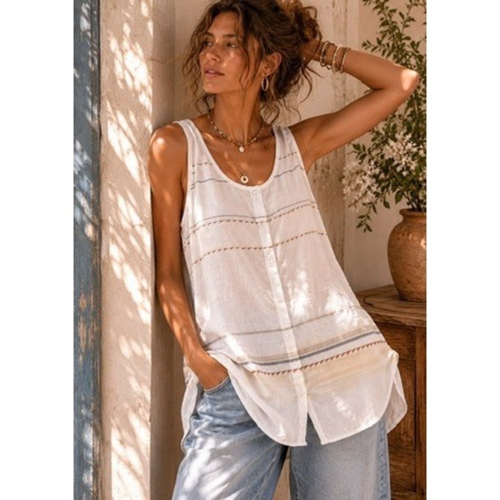 Prana White Striped Button Down Sleeveless Tunic Tank Top Small Boho Beachy